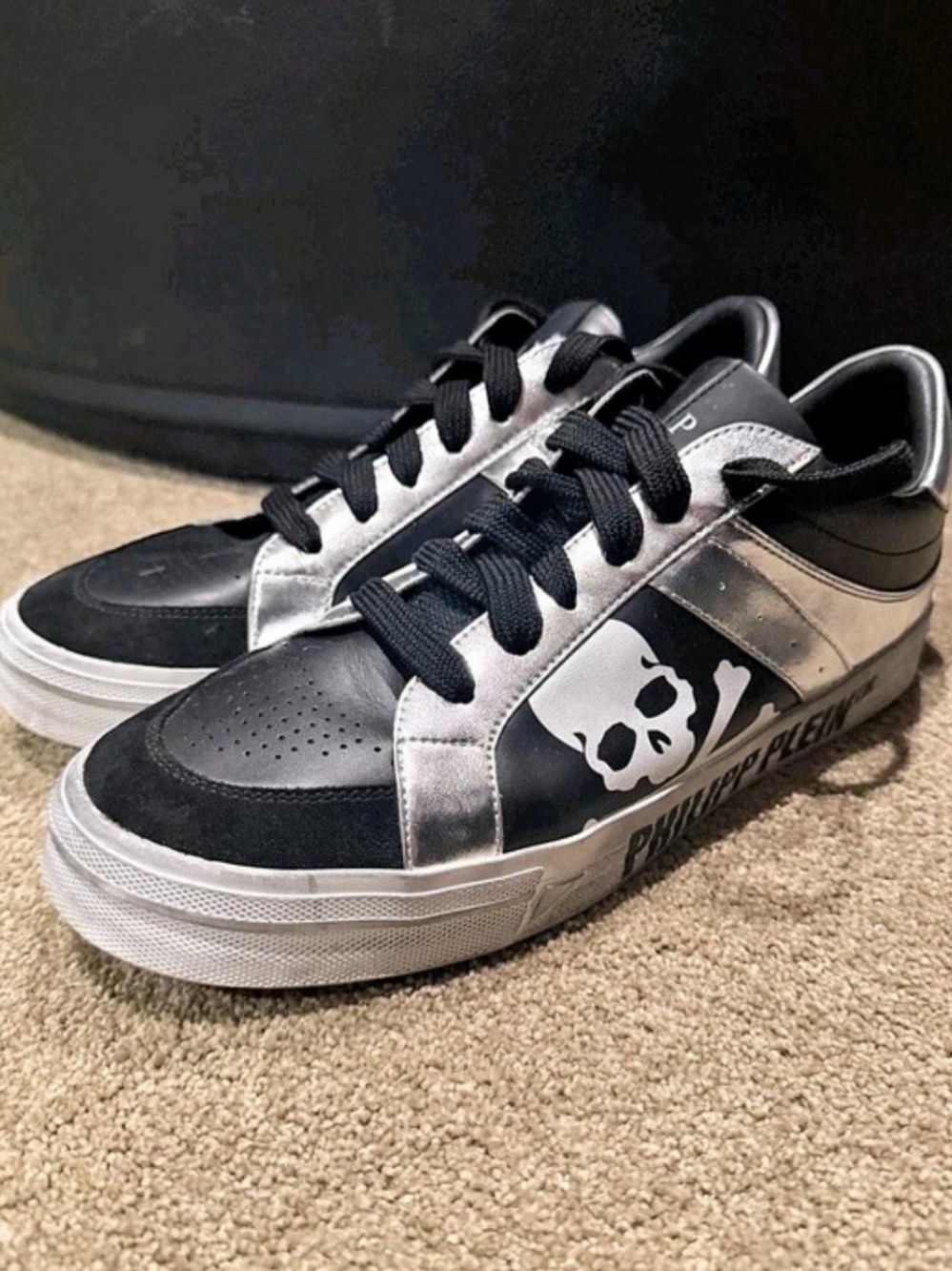 Philipp Plein Megastar Leather Low-Top Sneakers Black & Silver